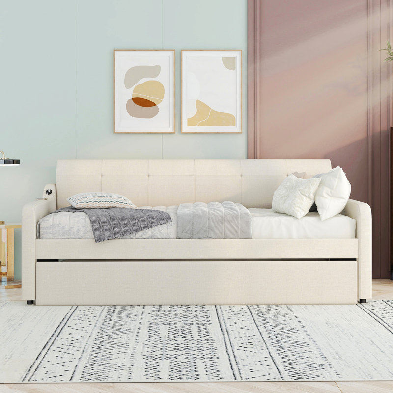 Twin Size Upholstery Daybed With Trundle And USB Charging Design, Beige