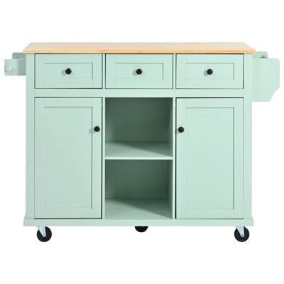 Chariot de cuisine avec comptoir à abattants en bois d'hévéa, supports de rangement internes pour porte d'armoire, îlot de cuisine sur 5 roulettes avec armoire de rangement et 3 tiroirs