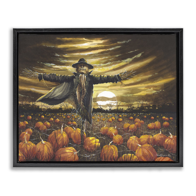 "Scarecrow in Pumpkin Field" par John Rossini, H 25 po x l 31 po, Cadre flottant noir de jais