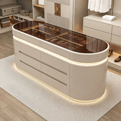 62.99" Modern Minimalist Beige Jewelry Storage Cabinet with Built-in LED Lights and Tinted Tempered Glass Top