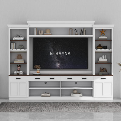 Farmhouse 4-Piece Entertainment Wall Unit Set with Bookshelf for TVs Up to 70", Walnut TV Stand with Adjustable Shelves, Mid-Century Large Media Console with Wine Rack for Living Room