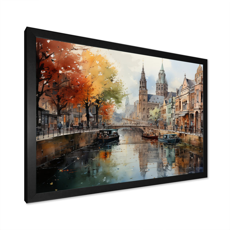 Paysage urbain de Beige Canal Urban Reflections - impression, H 30 po x l 40 po x P 1,5 po, Cadre photo noir