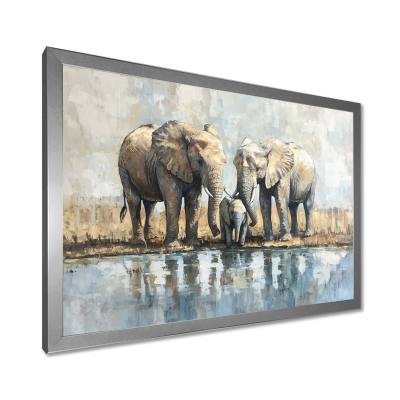 «Gumbs Elephant Family At The Watering Hole II», art mural éléphant, H 16 po x l 32 po, Argent