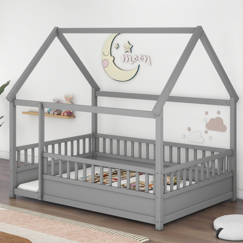 Elegant Grey Wooden Floor Bed With House Roof And Fence Guard Comfort Secure Barrier