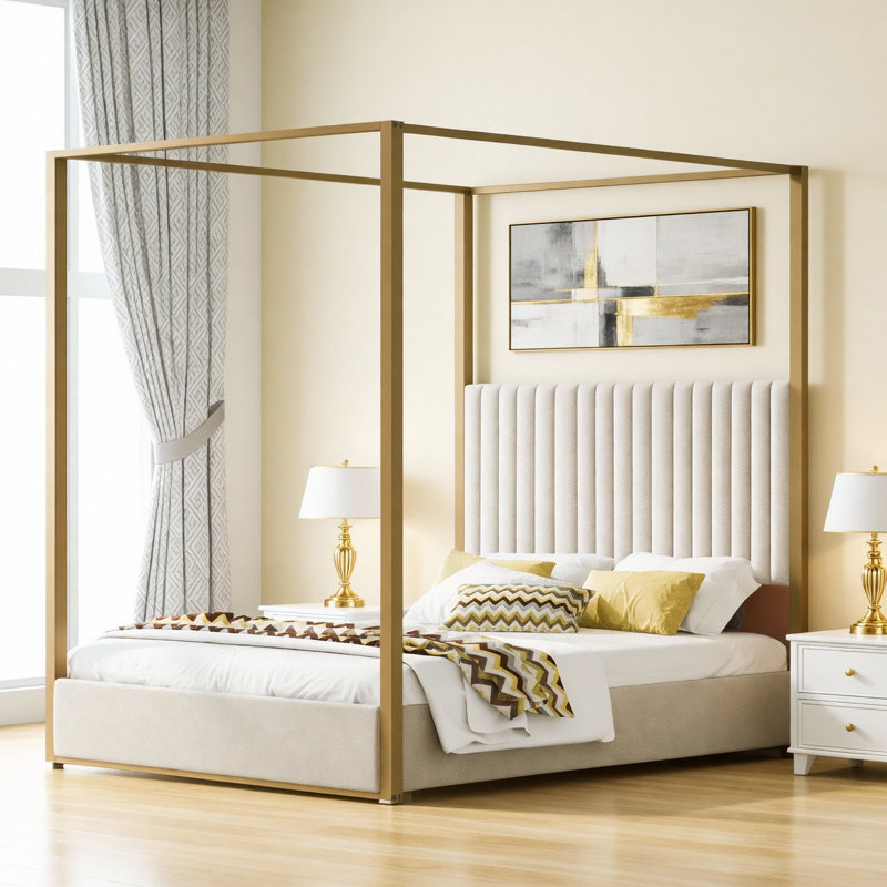Très grand lit à baldaquin tapissier, cadre de lit plateforme avec tête de lit en velours et structure en métal, lit à baldaquin à baldaquin pour chambre à coucher romantique et moderne, aucun sommier nécessaire