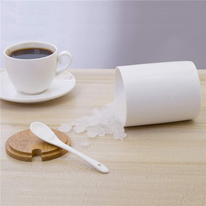 Ceramic Sugar Bowls With Bamboo Lids And Spoons- -Functional Round Condiment Jar For Home- Spice Storage Canister,10.8 Oz 320 ML,3 Pcs Set