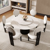 Modern Dining Table Set –Sintered Stone Tabletop With Lazy Susan, Lamb Wool Upholstered Chairs – Round Kitchen & Dining Room Furniture Set