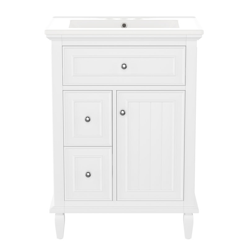 Meuble-lavabo 24 po avec lavabo, meuble-lavabo avec un tiroir rabattable et deux tiroirs, tablette réglable, bois massif et panneau de fibres à densité moyenne, blanc