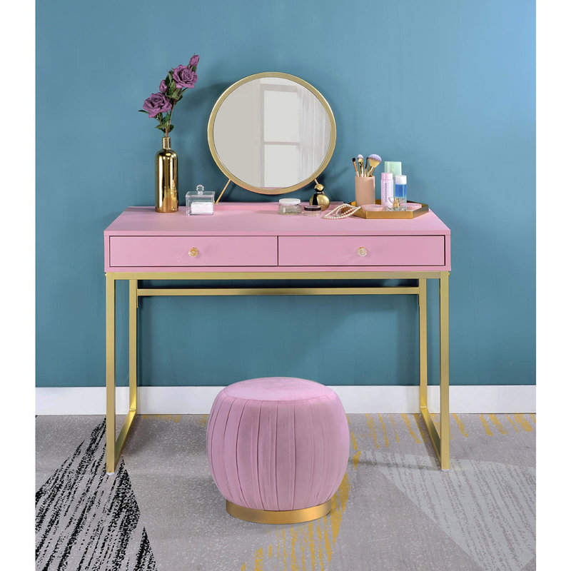 Bureau de coiffeuse 2 tiroirs avec miroir et plateau à bijoux, rose et or