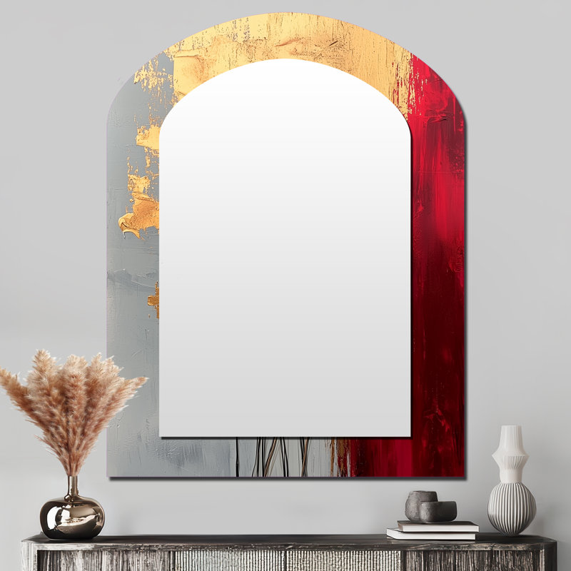 Pink And Gold Wildflowers Pure Form Of Marble I - Poppy Arch Mirror, Red Asymmetrical Unique Wall Mirror, Printed Metal Art