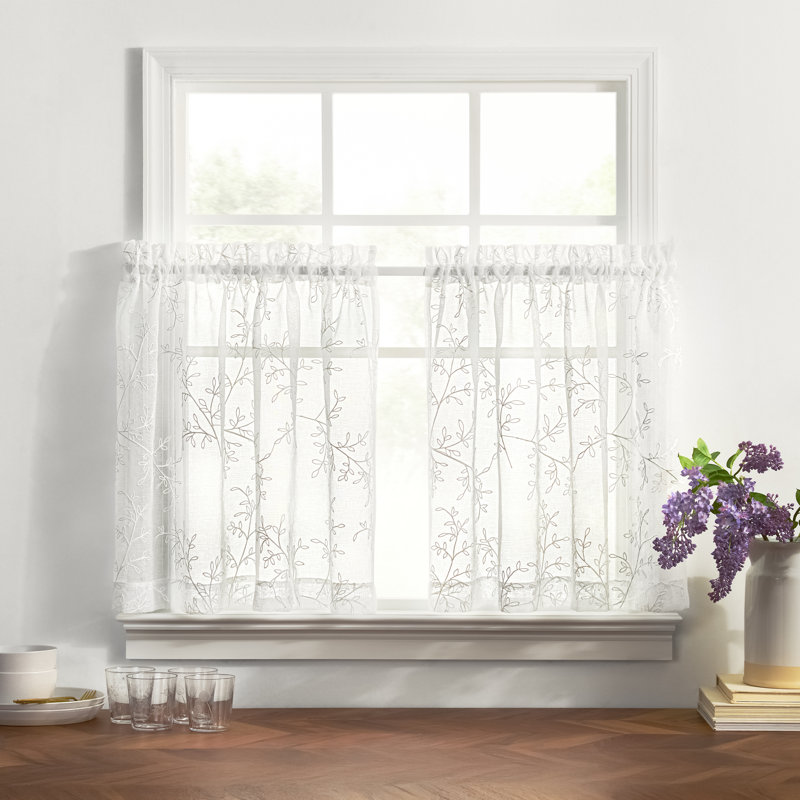 Brewster Floral Embroidered Sheer Tailored Tiers, 76" x 24"