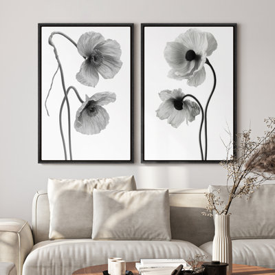 Framed Canvas Wall Art - Black Poppy Floral Wall Prints for Bedroom - 16"x24"x2pcs