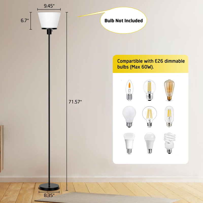 Modern Black Floor Lamp With White Shade - Tall Standing Lamp For Living Room, Bedroom, Office