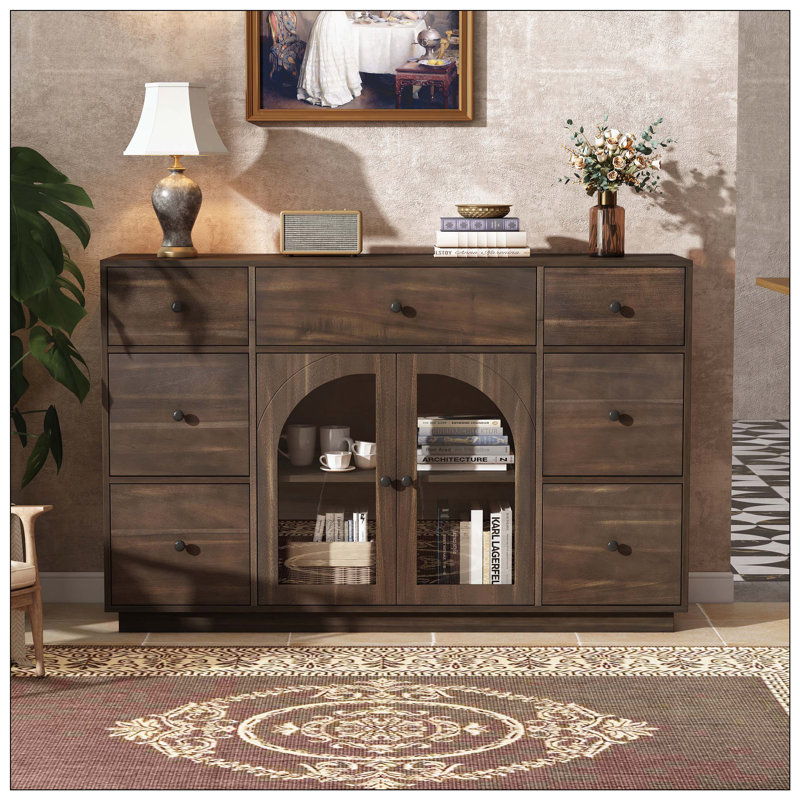 Armoire avec rangement 2 portes et 7 tiroirs pour l'entrée de la salle à manger, Marron foncé