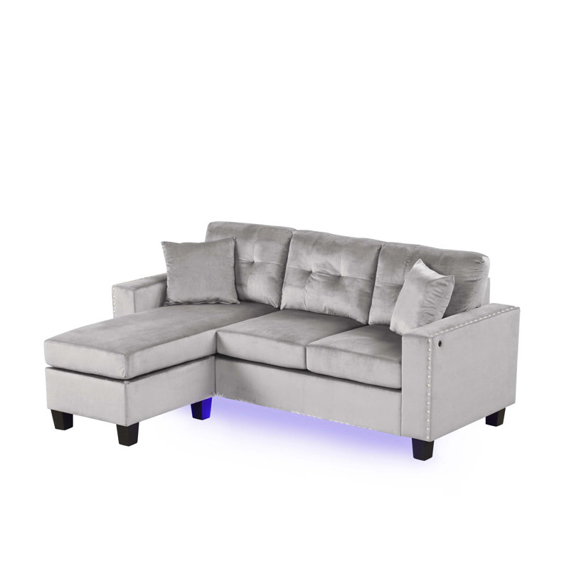 Renza 74 Inch Reversible Sectional Sofa W Chaise, LED USB, Velvet, Gray Velvet