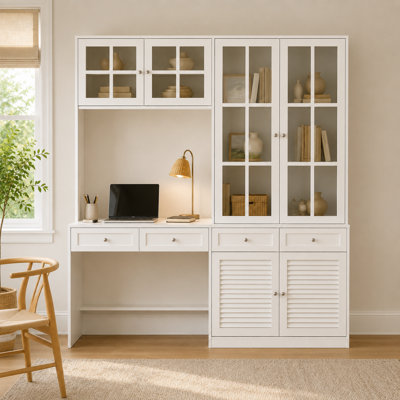 Multifunctional Desk With Integrated Bookcase And Display Cabinet - Elegant White Finish