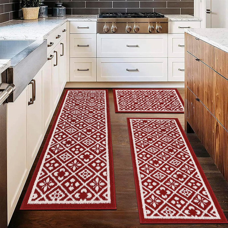 Tapis de cuisine antidérapant lavable (ensemble de 3), Rouge