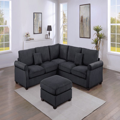 Ensemble de conversation modulaire 4 pièces avec repose-pieds de coin assorti et repose-pieds à accoudoir droit et gauche en velours côtelé revêtu de velours noir