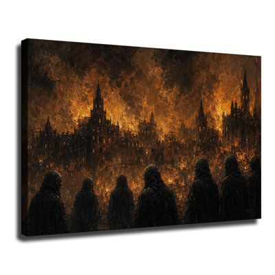 Personnages encapuchonnés contemplant un château gothique en flammes, peinture à l'huile sur toile sombre, décoration murale pour salon