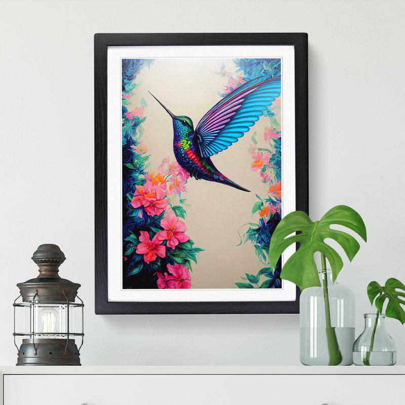 Fehling Hummingbird Flowers - Framed Print, Black, 46cm H x 34cm W x 2cm D