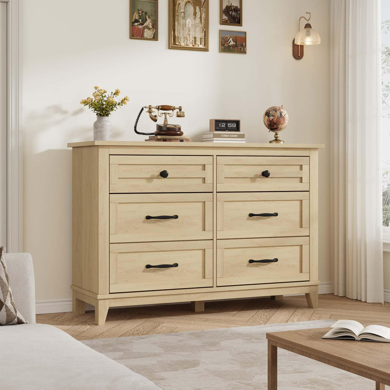Commode 6 tiroirs, commode double en bois de 47 po de largeur pour vestibule de chambre à coucher