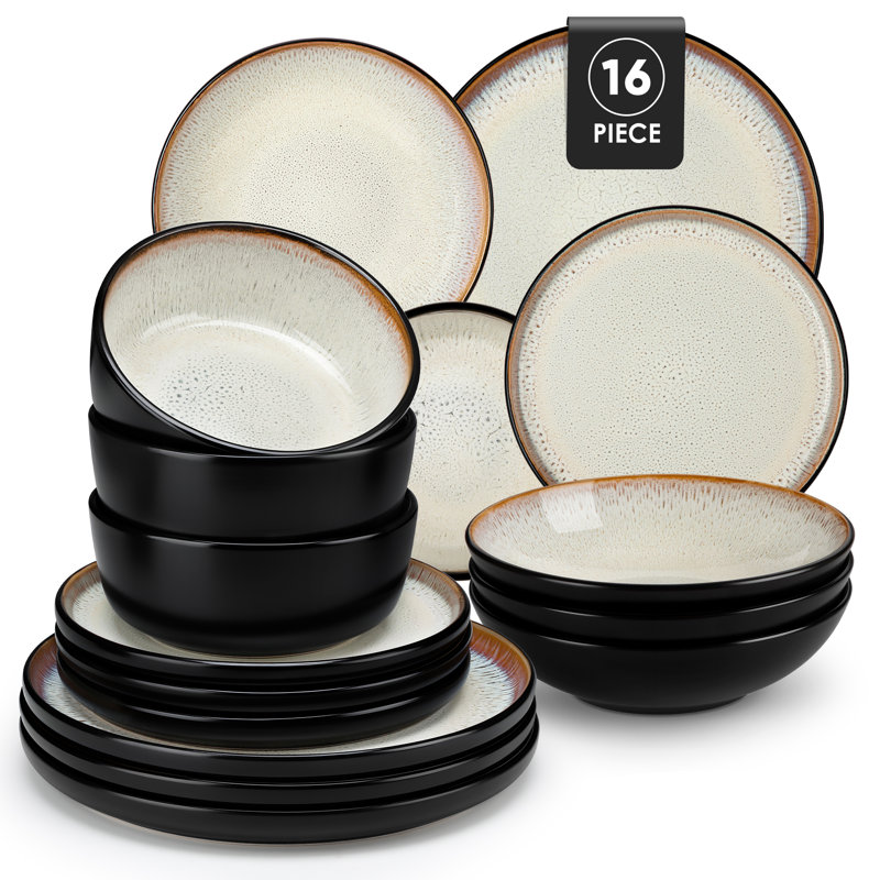 16 Pieces Dinnerware, Pocelain Round Plate, Dinner Plate, Dessert Plate, Soup Bowl And Bowl With Vertical Edge, Serve For 4 Person, Blue And Black