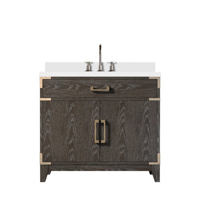 Brown Oak Single Bath Vanity 36 In. W X 22 In. D, White Quartz Top, And Faucet Set