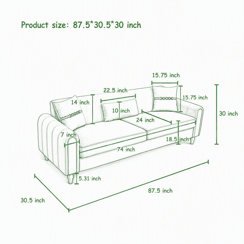 87.5'' Velvet Sofa, Velours vert