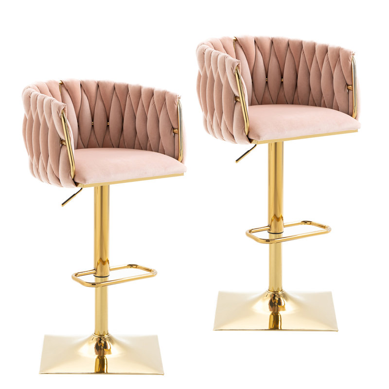 Tabouret tournant à hauteur réglable avec base dorée, Pink Velvet