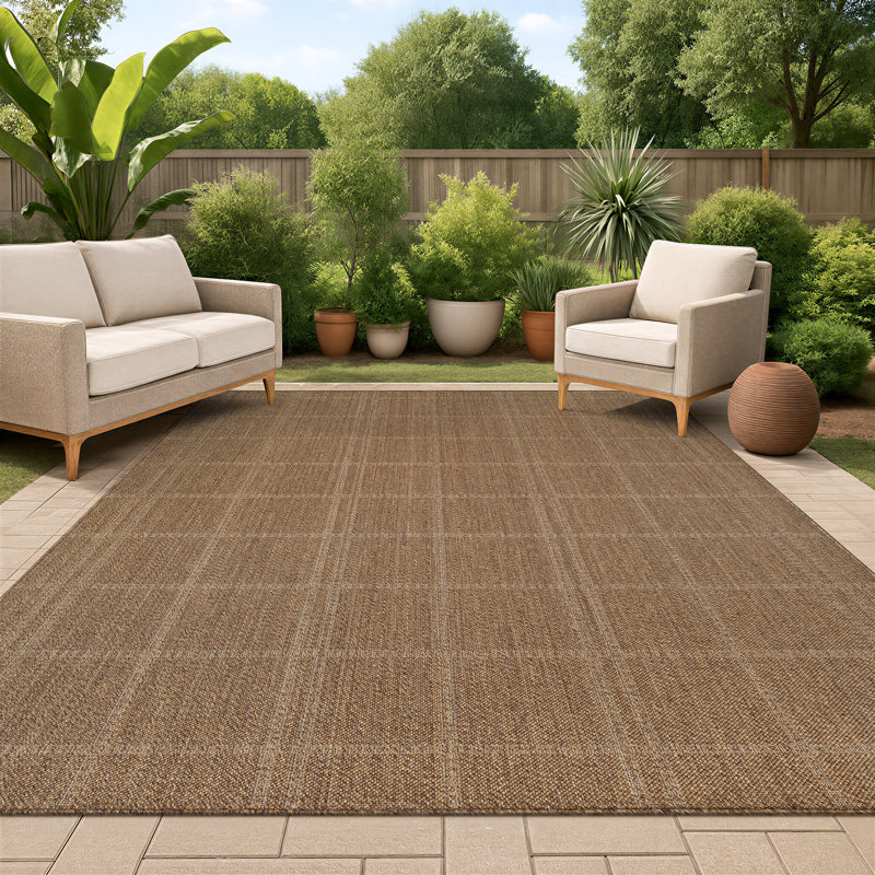 Plaid Sand/Natural Easy-Care Jute-Style Indoor/Outdoor Flat Woven Area Rug, Rectangle 9' x 12', Sand