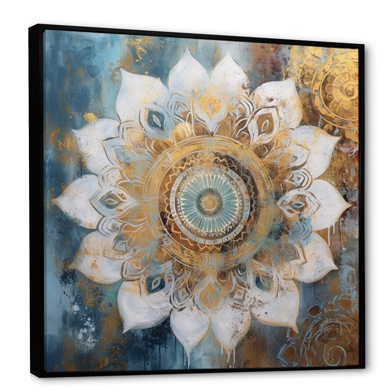 «White and Gold Mandala II - Boho Mandala», art mural sur toile, H 16 po x l 16 po, Cadre flottant noir