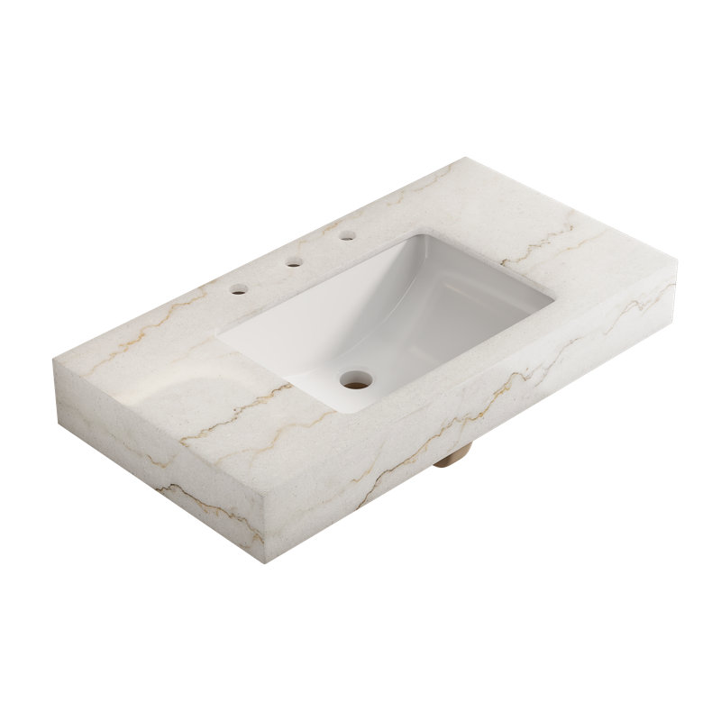 Comptoir LULA 36 po avec bordure en marbre blanc naturel, lavabo encastré en céramique avec 3 trous de robinetterie, sans robinetterie ni meuble, blanc
