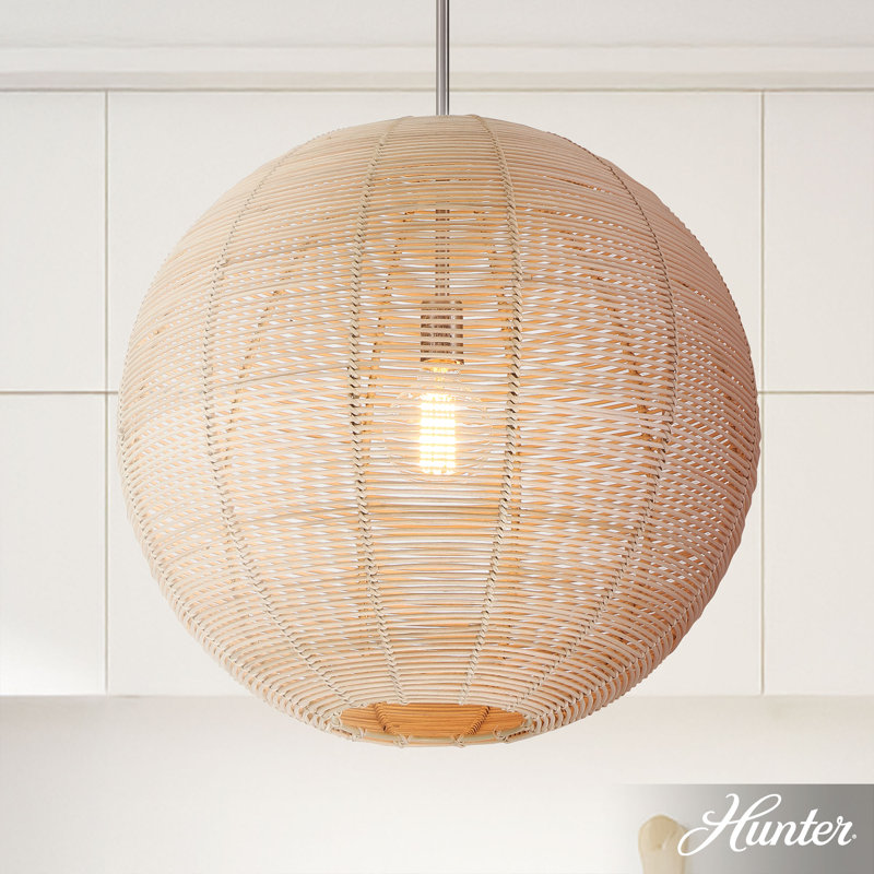 Large Brushed Nickel Globe Pendant Light with Rattan Shade