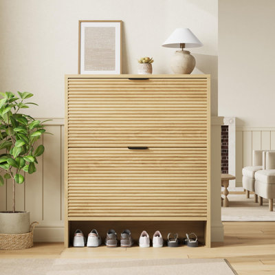 Armoire de rangement pour chaussures pour le vestibule, armoire à chaussures cannelée avec 2 portes à tiroirs rabattables, grand range-chaussures dissimulé de 32 po de hauteur, organisateur de chaussures autoportant pour l'entrée, le couloir, le salon, la salle de séjour