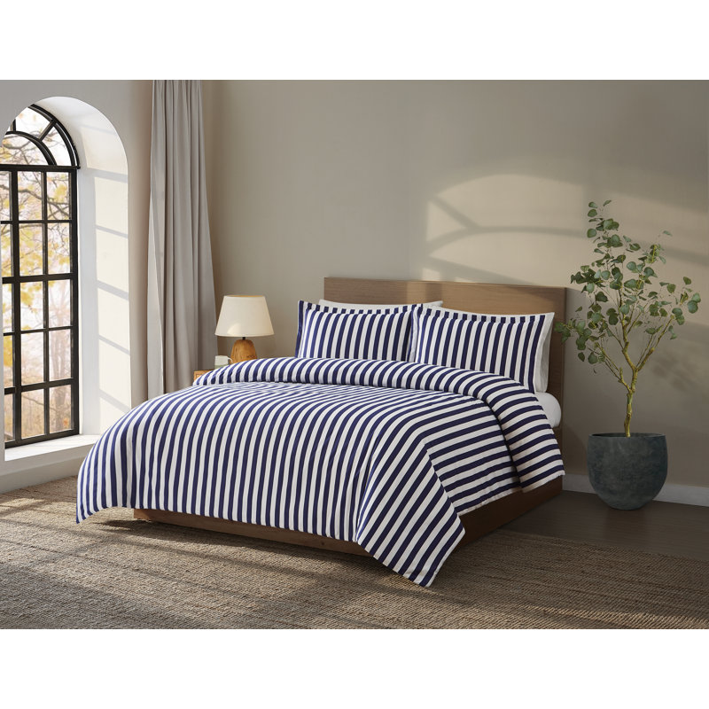 Brooklyn Loom Levi Stripe Duvet Set, White/Navy, King Duvet Cover + 2 King Pillow Shams
