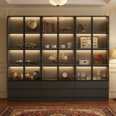 63'' W Large Display Case Curio Cabinet With 6 Drawers & LED Light