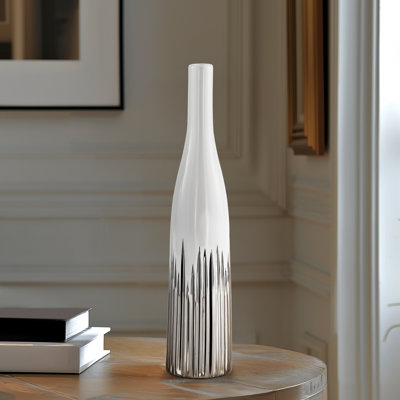 Solenne 16" Silver Ribbed White Ceramic Vase