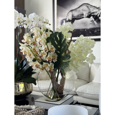 Moon Vase With Yellow Cymbidiums And White Vandas