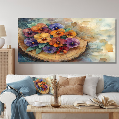 Graminées d'été, fleurs sur un plateau en bois diapositive IV - Pensées, art mural
