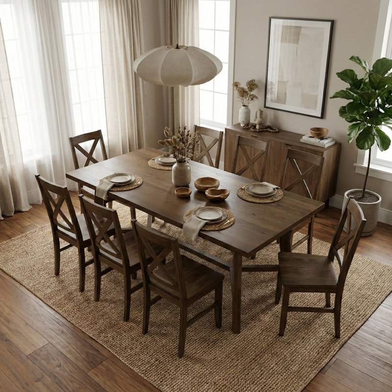 Oaklyn Modern Rectangular Dining Table Set, 9 Pieces: Table, 8 Chairs, Brown
