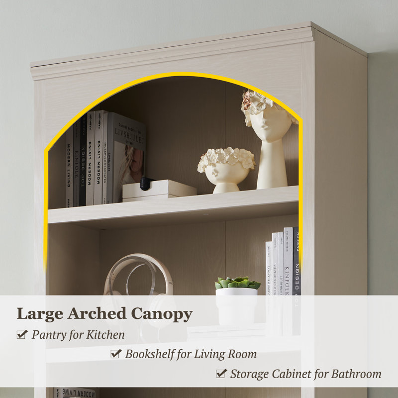 76" Tall Arched Bookcase, 5-Tier Large Arched Shelving Unit with Adjustable Shelves, Featuring Storage and Open Display Shelves