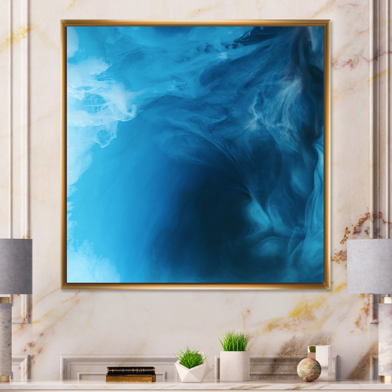 «Blue and Mixed Liquide II», impression d'art mural en bois moderne, H 36 po x l 36 po x P 1,5 po, Cadre flottant doré