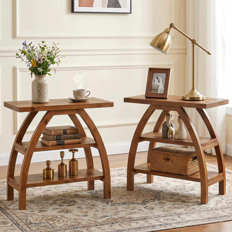 Table d'appoint en bois massif de 23,62 po avec pieds arqués, table de bout rustique étroite avec rangement à 3 niveaux, petite table d'appoint de style campagnard pour le salon et les petits espaces