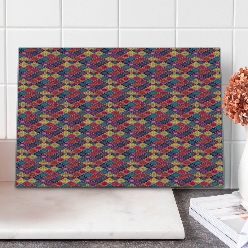 Ambesonne Mandala Cutting Board Large Size Diamond Squares Pattern Multicolor