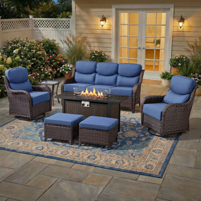 7 - Person Luxury Wicker Patio Furniture Set With Fire Pit Table & 6-Inch Extra-Thick Cushion Swivel Chairs, Side Table