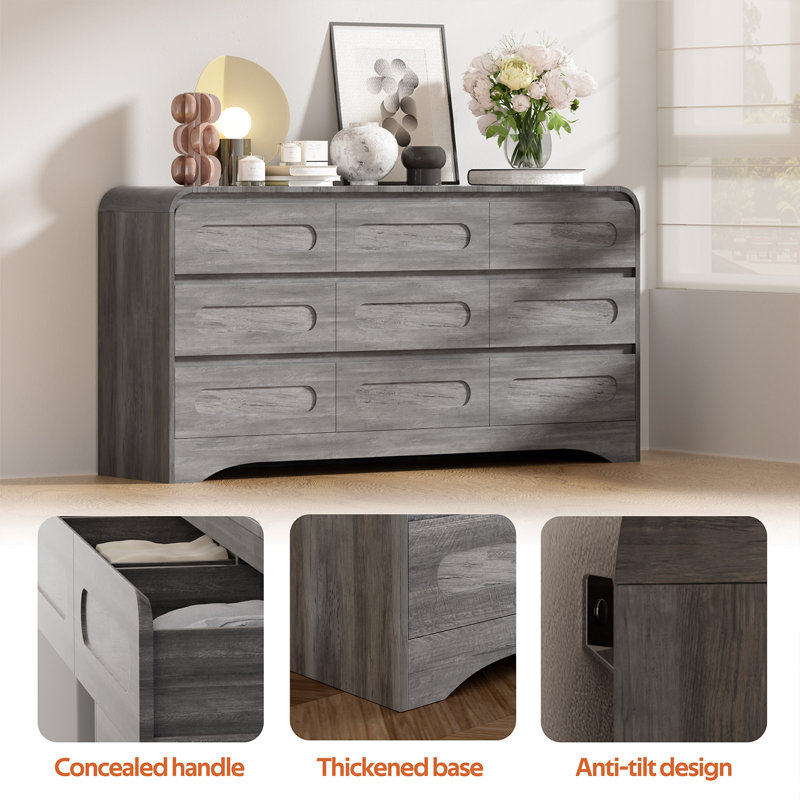 Dresser For Bedroom With 9 Drawers, 63" Largemodern Dressers & Chest Of Drawers Withcurved Profile Design, Wood Closet Clothesstorage Long Dressers Organizer For Bedroomliving Room Hallway,grey