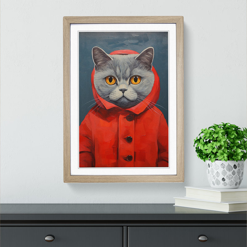 Cat Modern No.2 - Single Picture Frame Print on Wood, 34cm H x 25cm W x 2cm D, Oak Framed