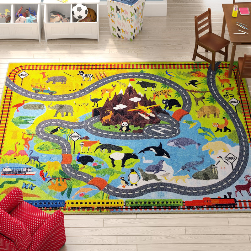 Weranna Animal Safari Vehicle Educational Learning Game Play Non Slip Kids Rug Carpet Classroom Mat, Rectangle 8'2" x 9'10"