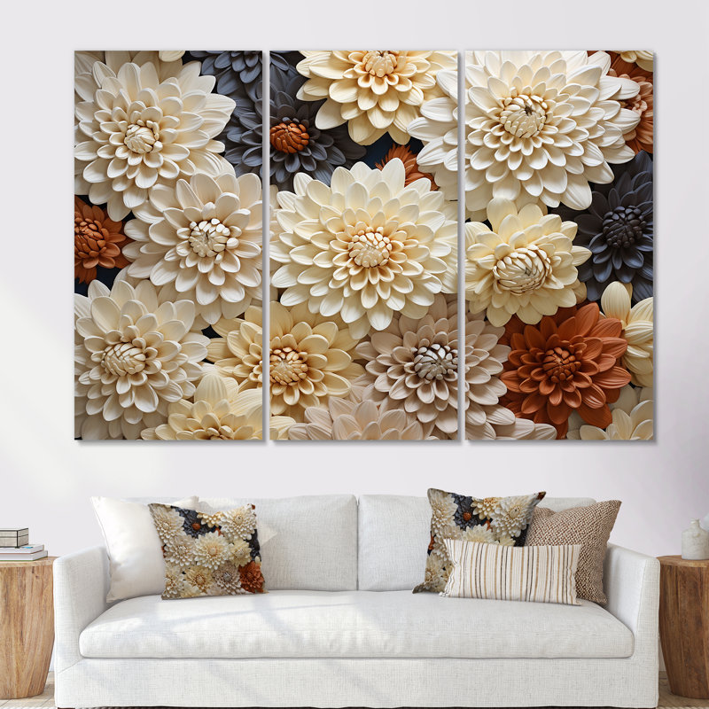 «Chrysanthemums White Mosaic Garden - Chrysanthemums», ensemble de reproduction d'art mural, Toile tendue