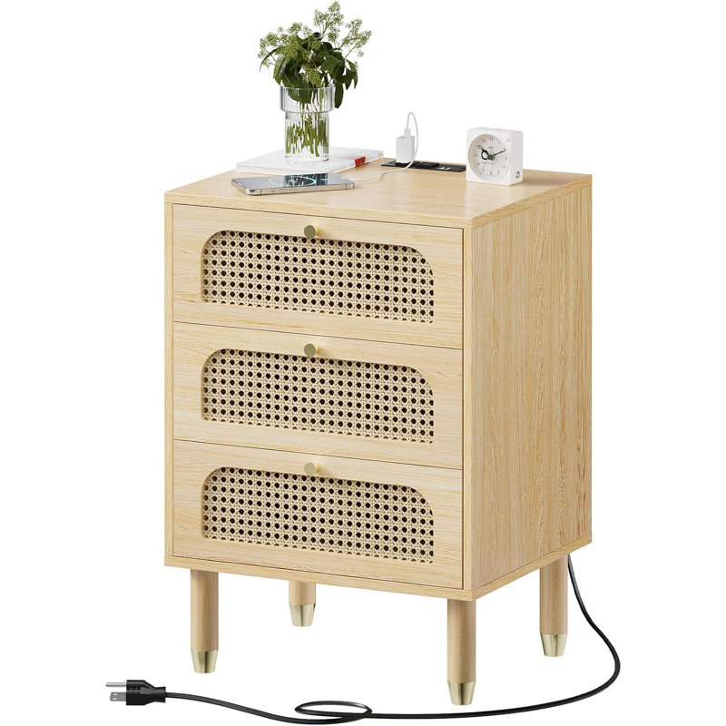 18.9'' W Solid Wood Legs 3-Rattan Drawer Nightstand with Charging Station, Yellow